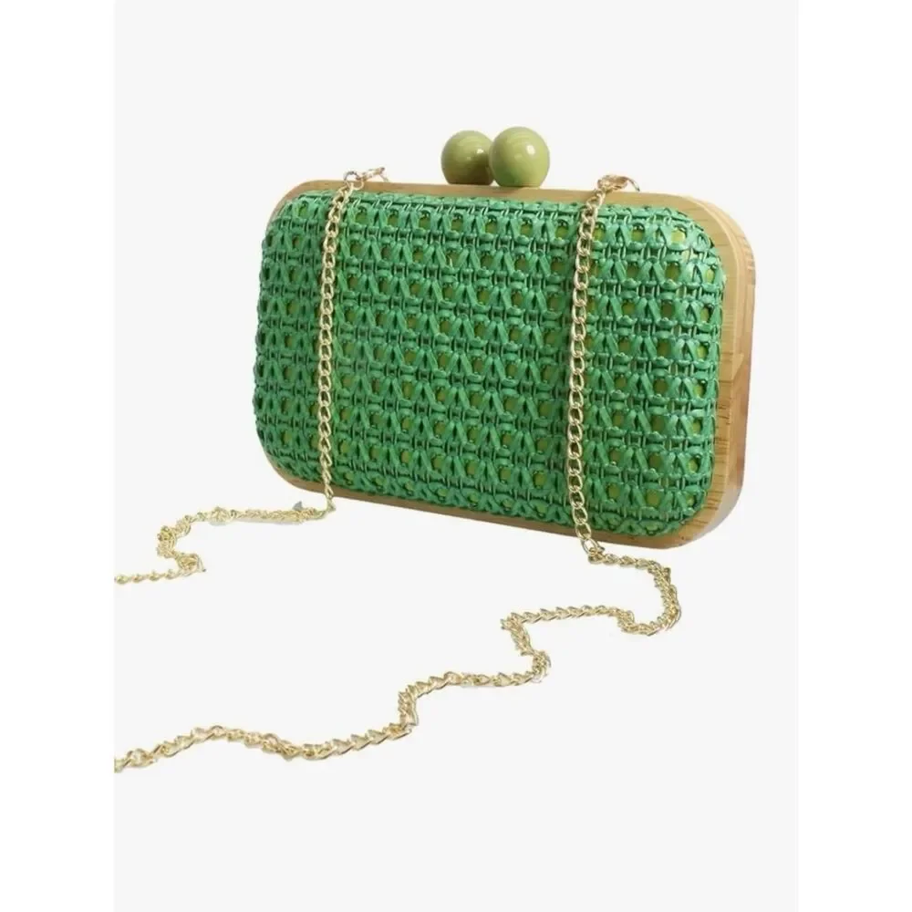 NEW Green Woven Clutch Crossbody Bag with Gold Chain